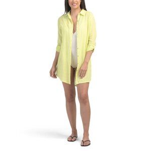 CALYPSO ST. BARTH Sporty Stripe Linen Blend Long Sleeve Button Down Cover-up